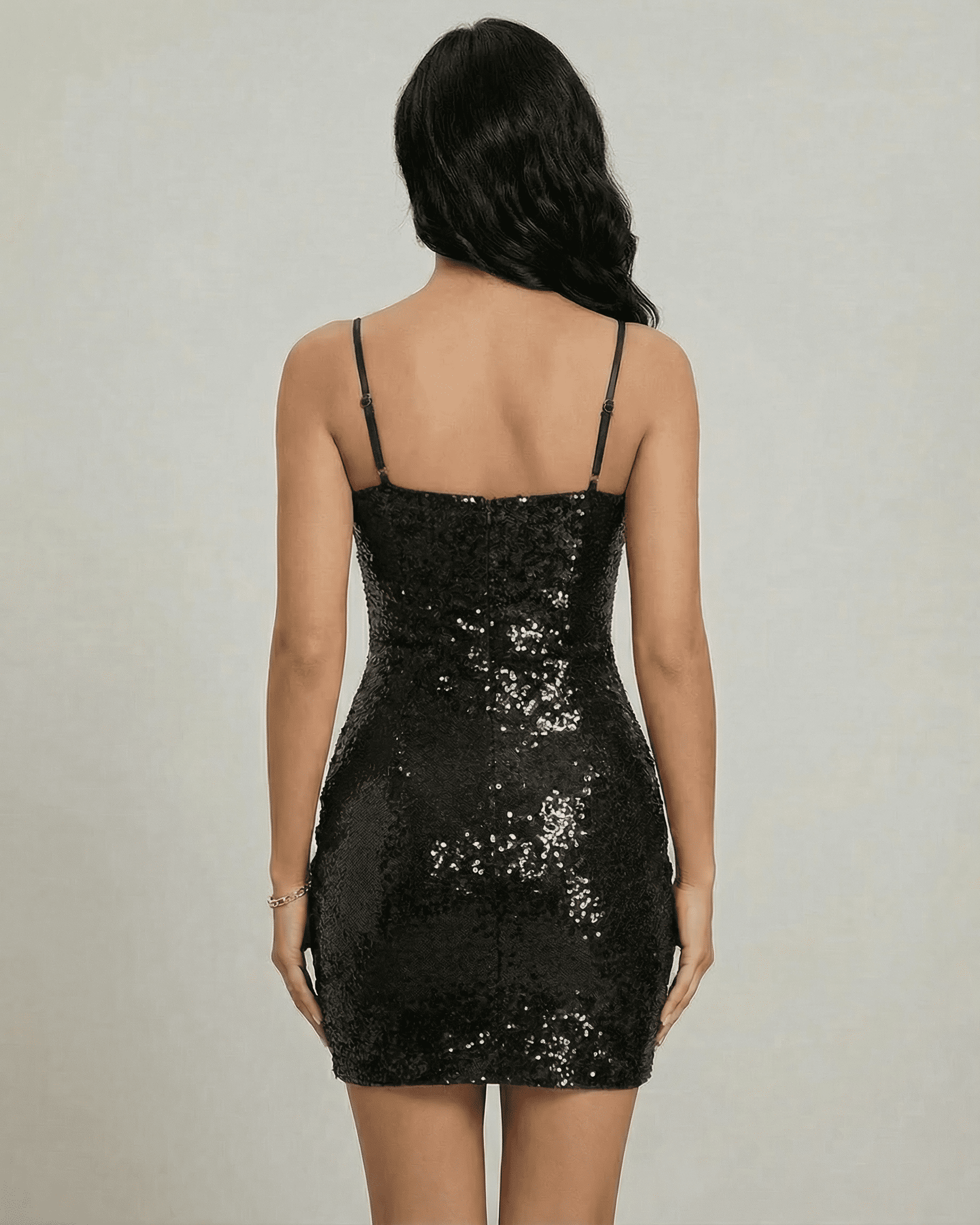 Back view of the Lauven Monaco Mini Dress, a black sequin mini dress with deep V-neckline and sleek silhouette.
