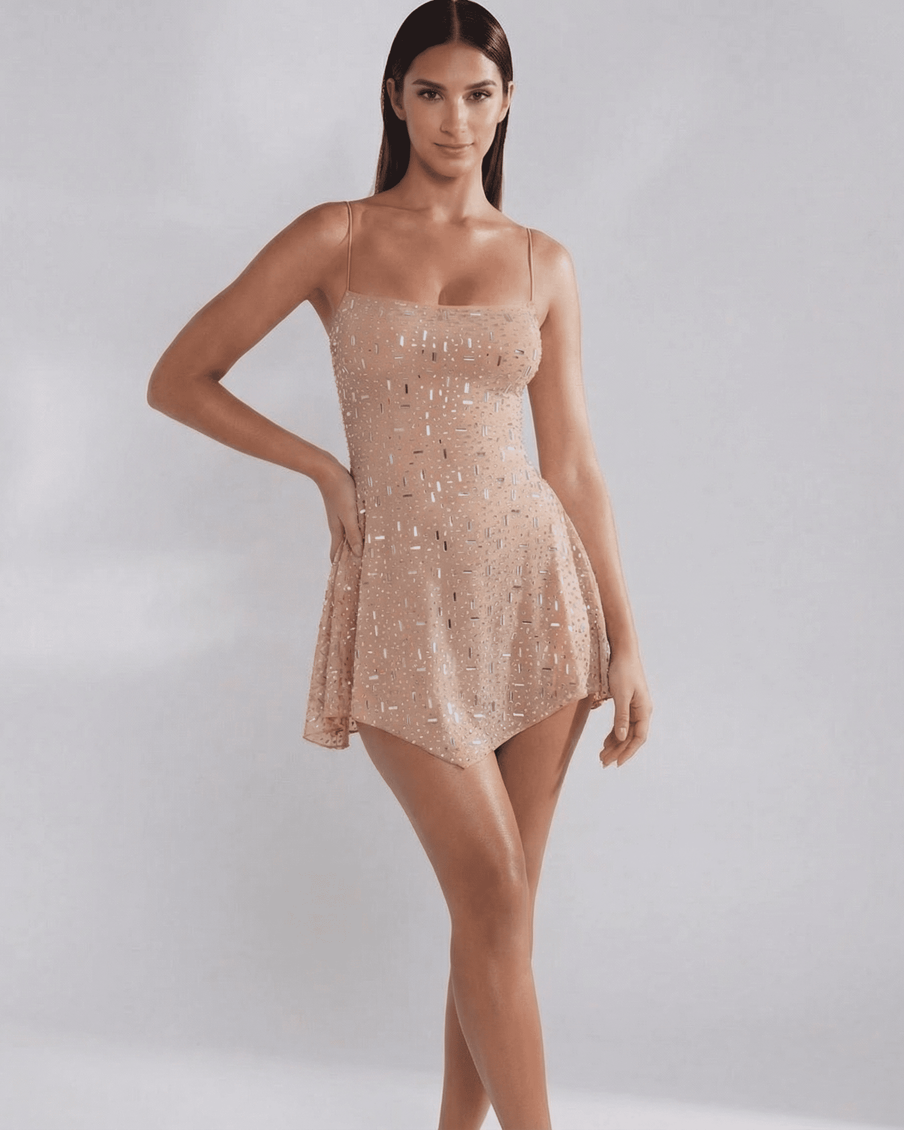 Monaco Mini Dress by Lauven featuring a square neckline and embellished mermaid design in soft nude tone.