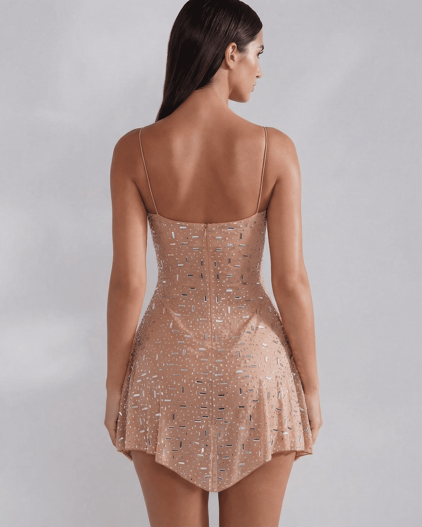 Monaco Mini Dress by Lauven, back view showcasing embellished mermaid style and structured square neckline.