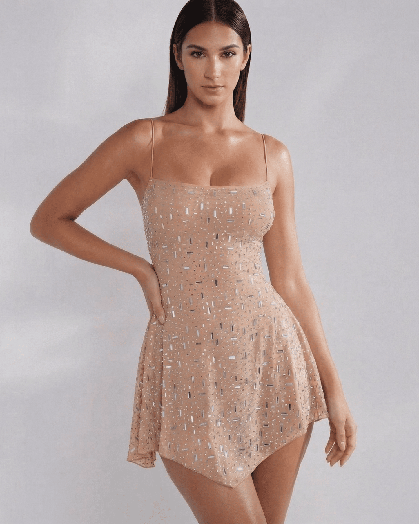 Monaco Mini Dress by Lauven, embellished mermaid mini dress with square neckline in soft nude tone.