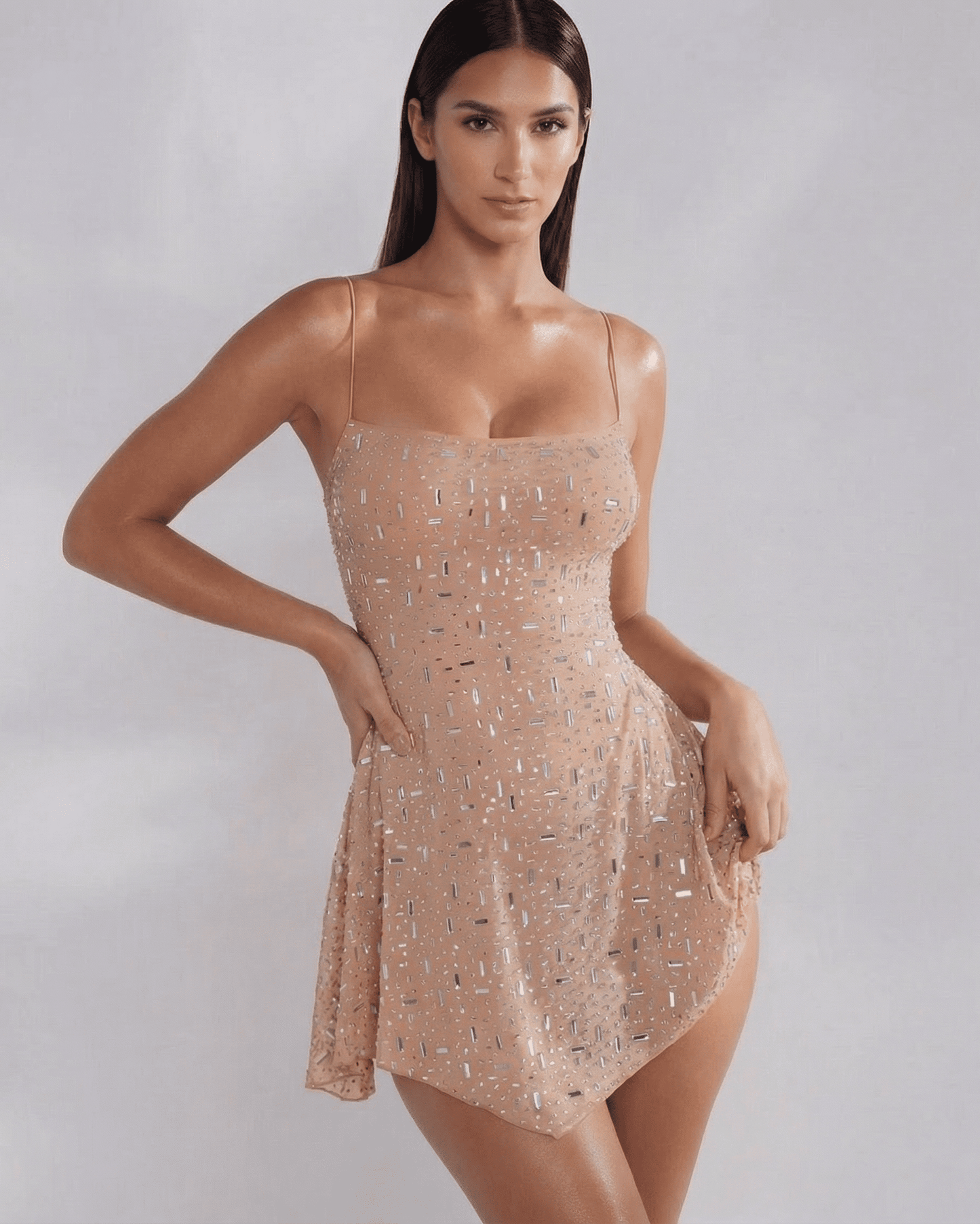 Lauven Monaco Mini Dress featuring a nude mermaid style with embellished details and square neckline.