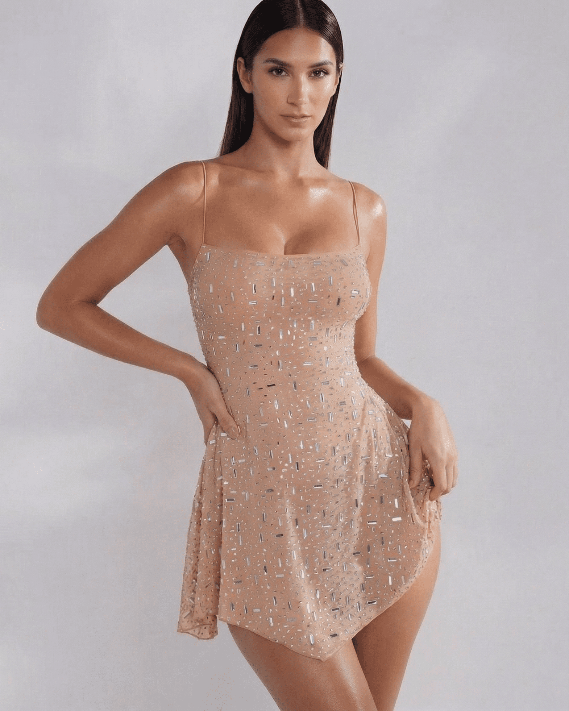 Lauven Monaco Mini Dress featuring a nude mermaid style with embellished details and square neckline.