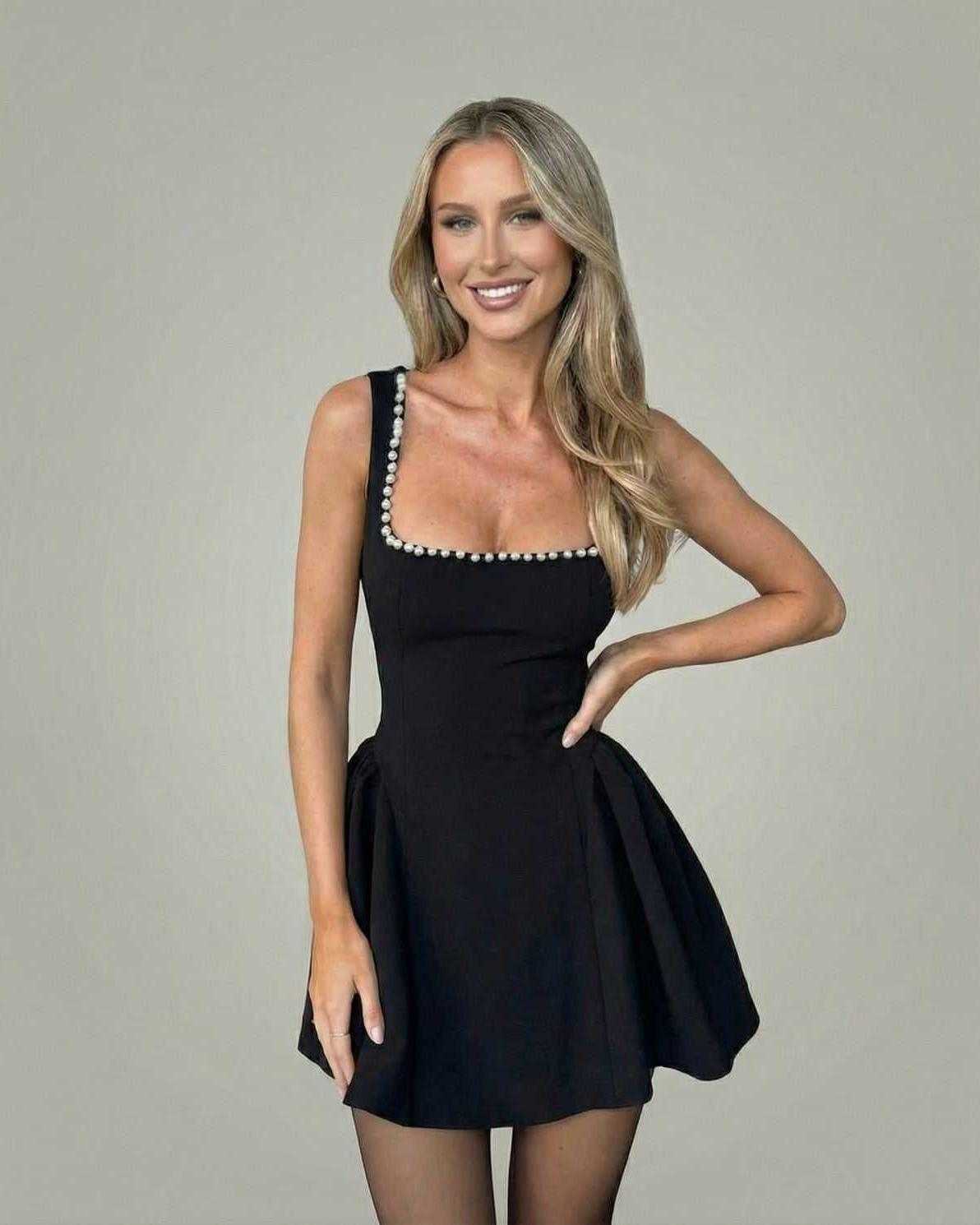 Monaco Mini Dress by Lauven — Pearl-Trim Square Neck A-Line Mini with a polished finish and modern silhouette.