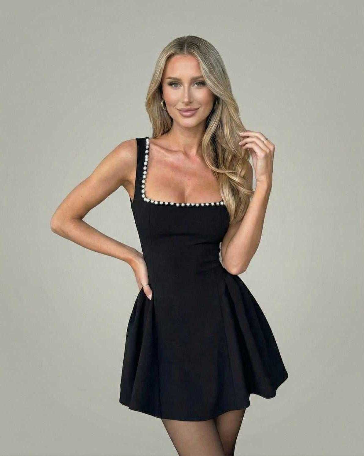 Monaco Mini Dress by Lauven featuring a pearl-trim square neck and A-line silhouette in a sleek black design.
