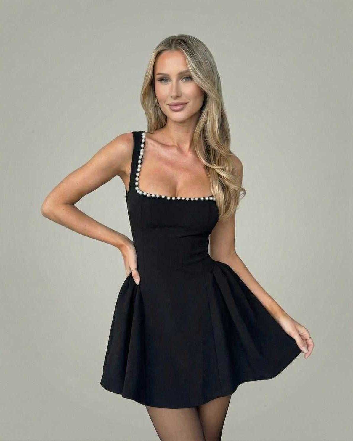 Monaco Mini Dress by Lauven, featuring a pearl-trim square neckline and A-line silhouette, perfect for an elegant look.