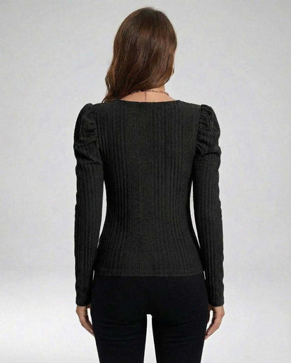 Back view of women’s black Monaco Pullover by Lauven, featuring ribbed knit and long sleeves.