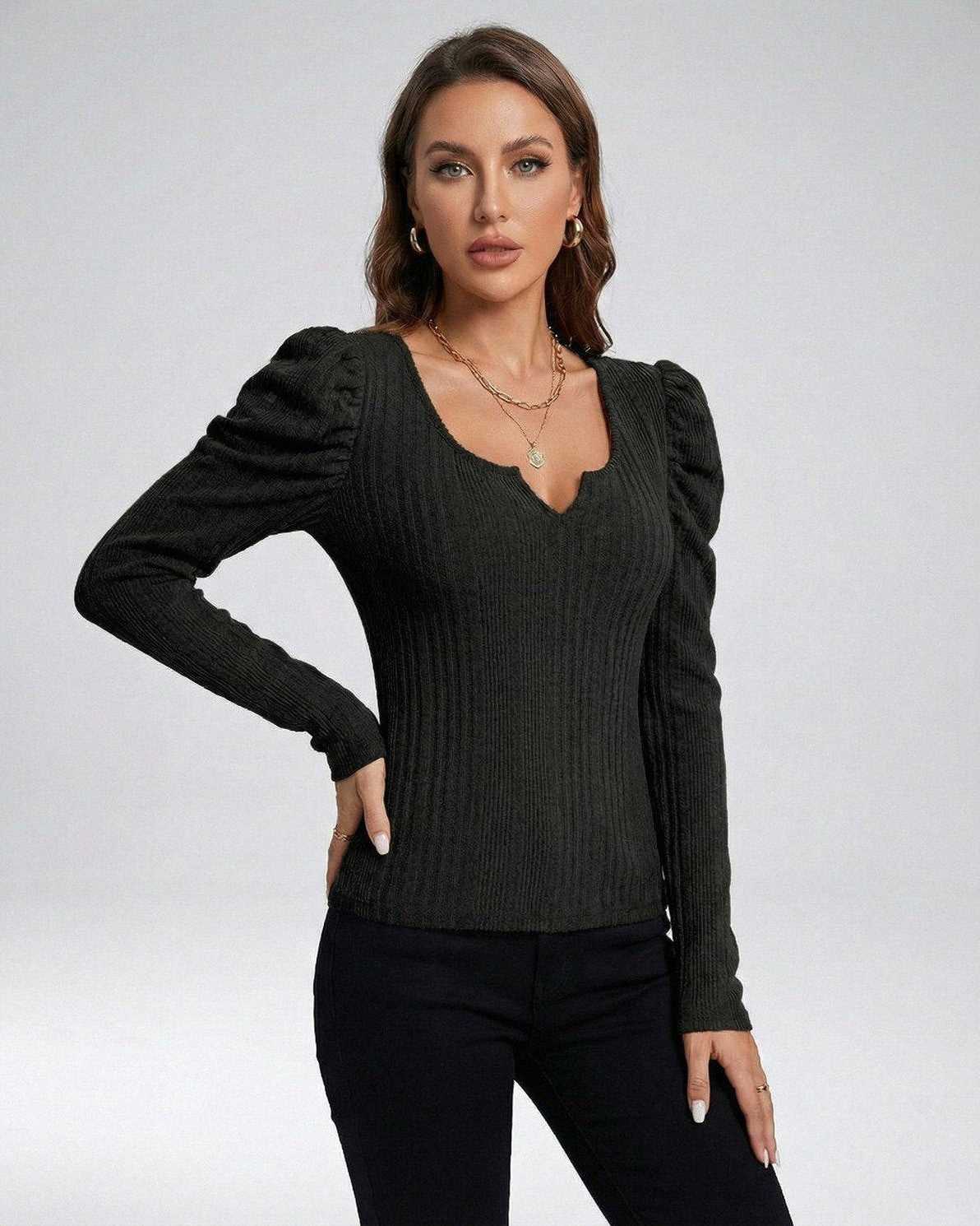 Monaco Pullover - Lauven women's black ribbed knit pullover sweater with long sleeves and structured design.