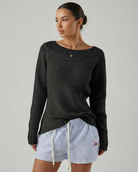 Monaco Sweater by Lauven – Women’s black boat neck sweater with rib knit detail, showcasing a polished silhouette.