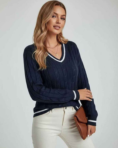 Monaco Sweater by Lauven - Women’s V-Neck Cable Knit Sweater in deep navy with striped trim.