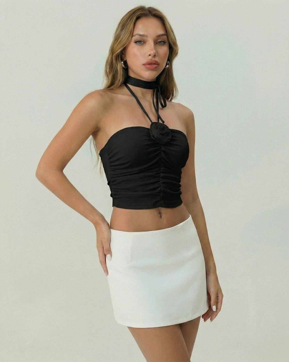Monaco Top by Lauven, black strapless tank top with ruched detail and halter tie, perfect for modern women's fashion.