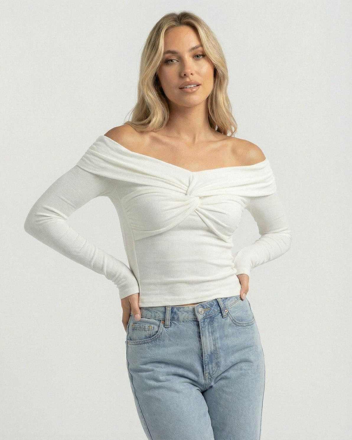 Monaco Top - Women’s Off The Shoulder Long Sleeve Top by Lauven in soft ribbed stretch knit with twist-front detail.