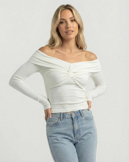 Monaco Top - Women’s Off The Shoulder Long Sleeve Top by Lauven in soft ribbed stretch knit with twist-front detail.