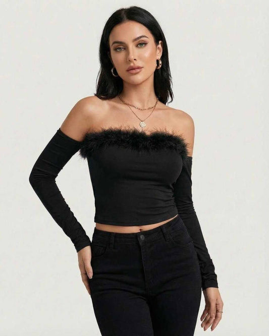 Monaco Top by Lauven - Women’s Black Off The Shoulder Long Sleeve Top with Feather Trim.