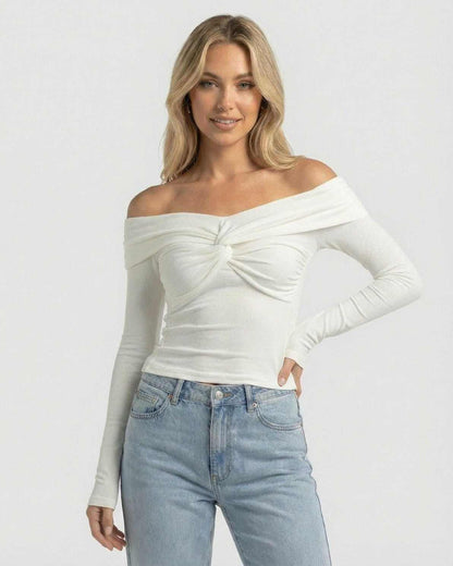 Monaco Top - Lauven Women's Off The Shoulder Long Sleeve Top in White Ribbed Stretch Knit