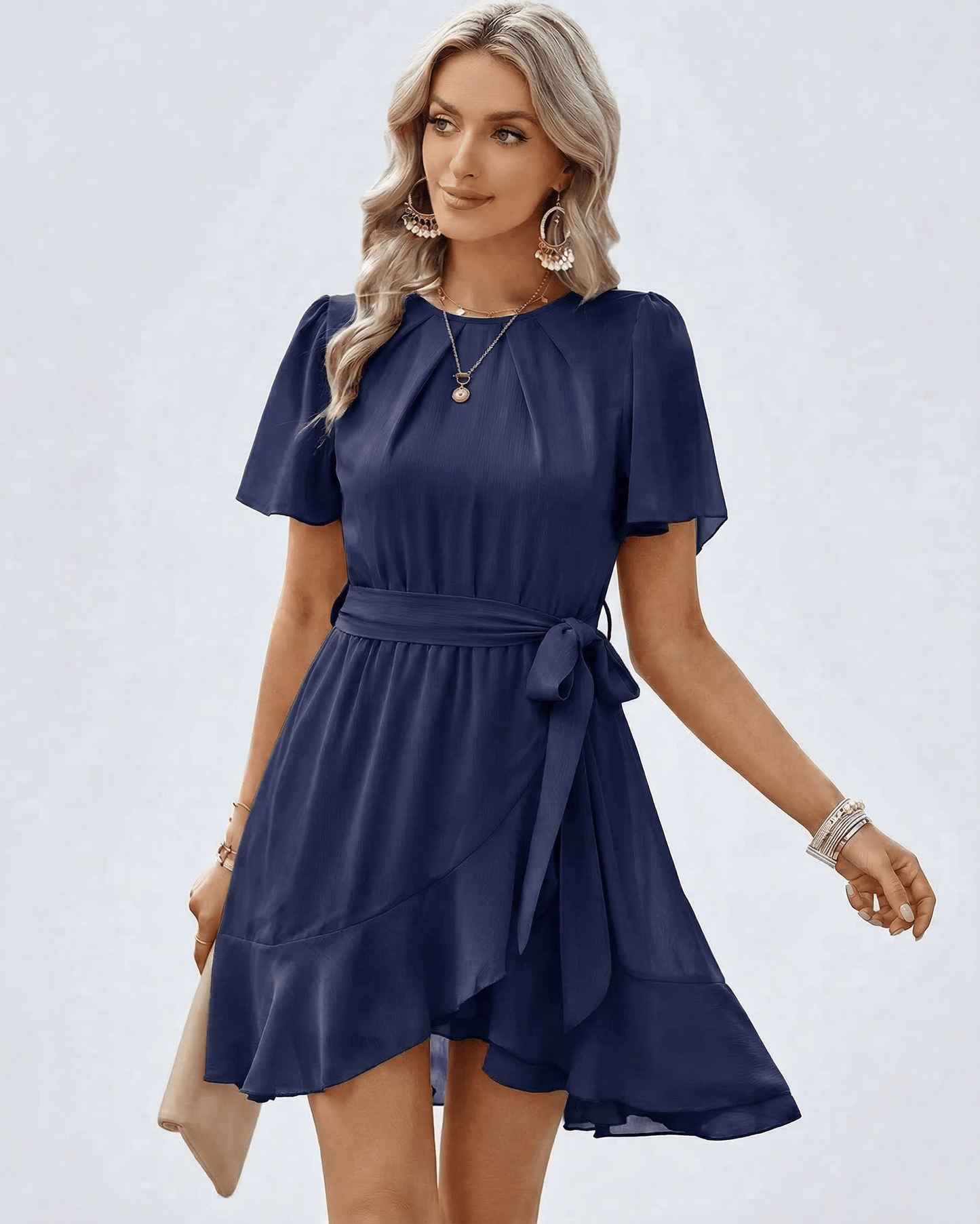 Navy Ruffle Dress by Lauven featuring flutter sleeves and waist tie, perfect for elegant and effortless style.