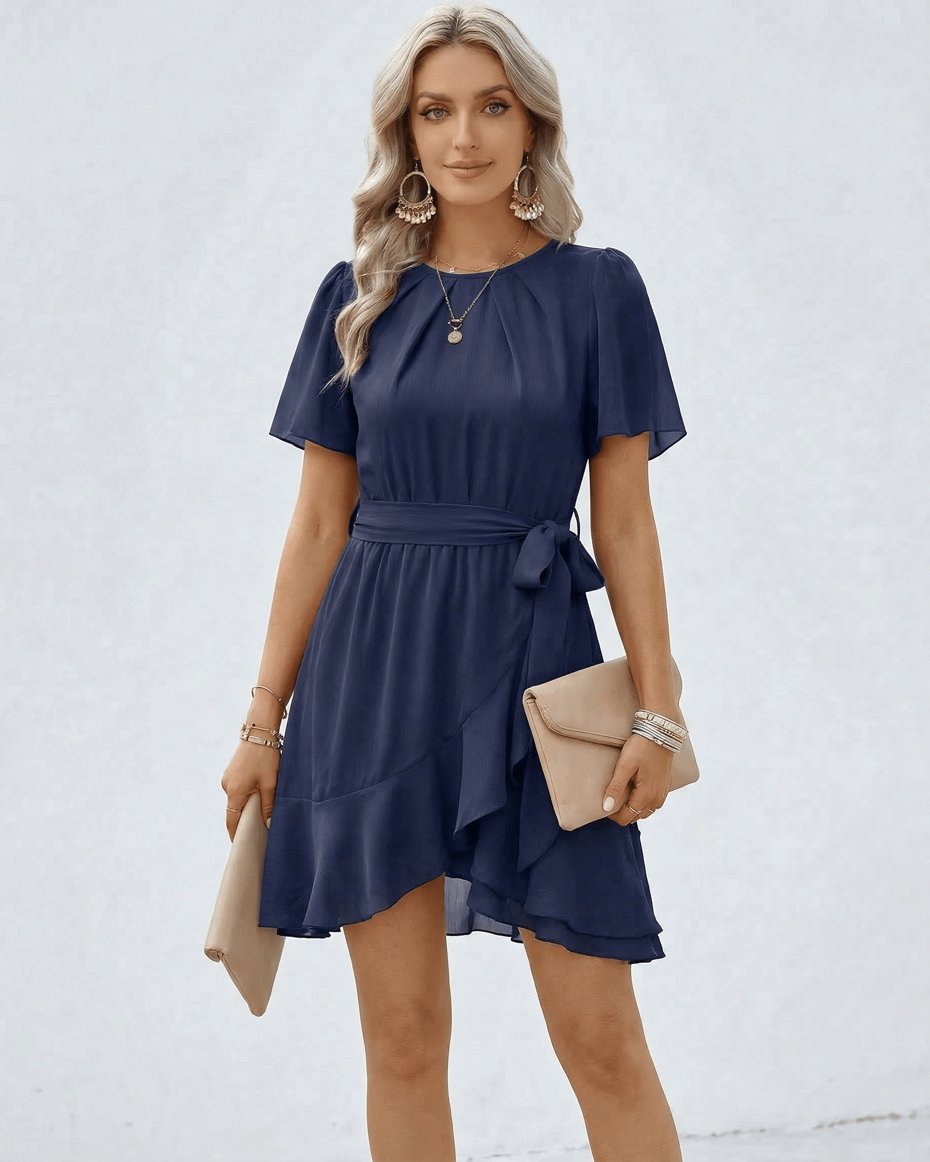 Elegant Navy Ruffle Dress by Lauven with waist tie and flutter sleeves, perfect for sophisticated occasions.