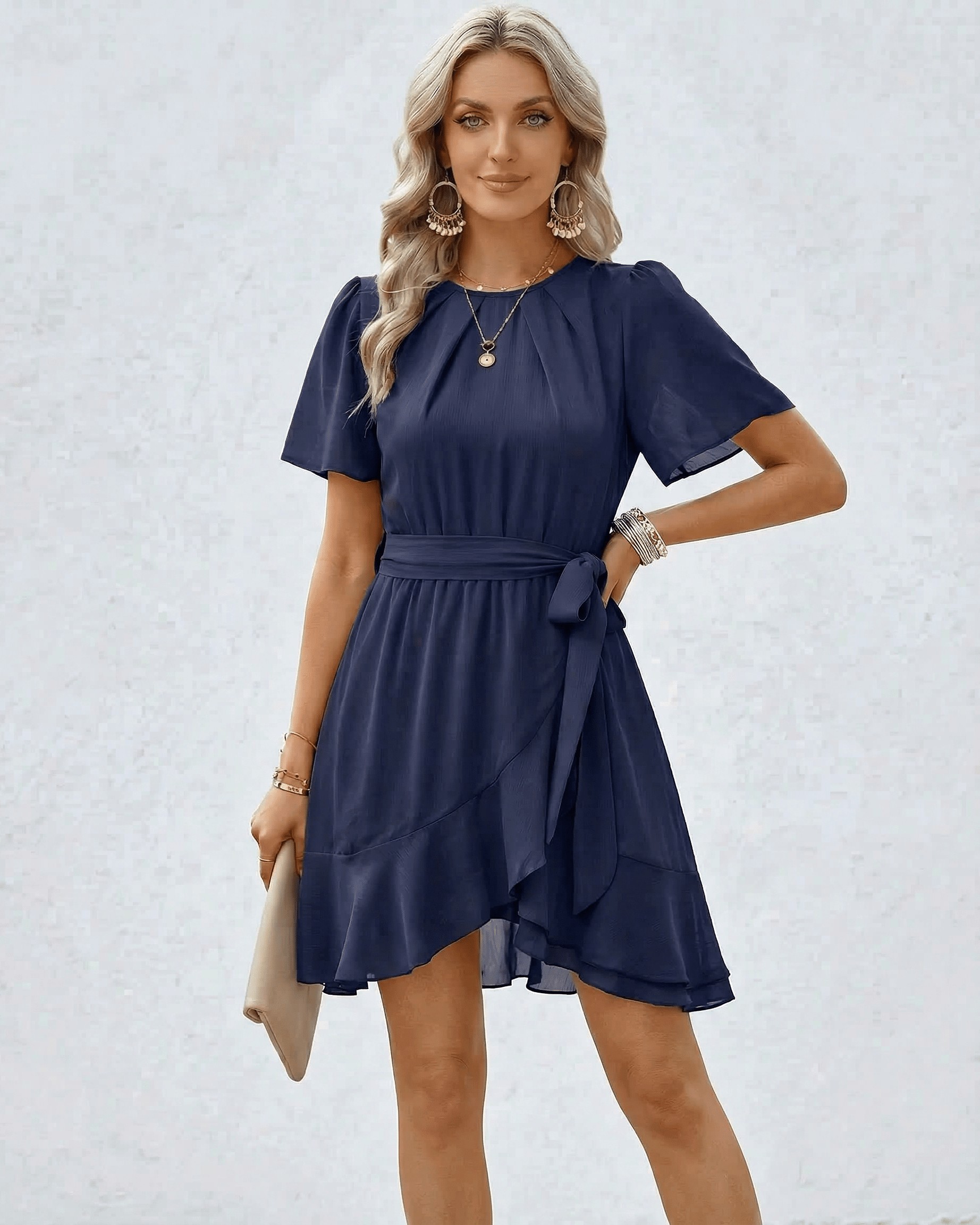 Elegant Lauven Navy Ruffle Dress with waist tie and flutter sleeves, perfect for any occasion.