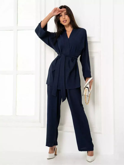 Navy Suit Set by Lauven featuring a classic oversized two piece with wide-leg trousers and a stylish belt.