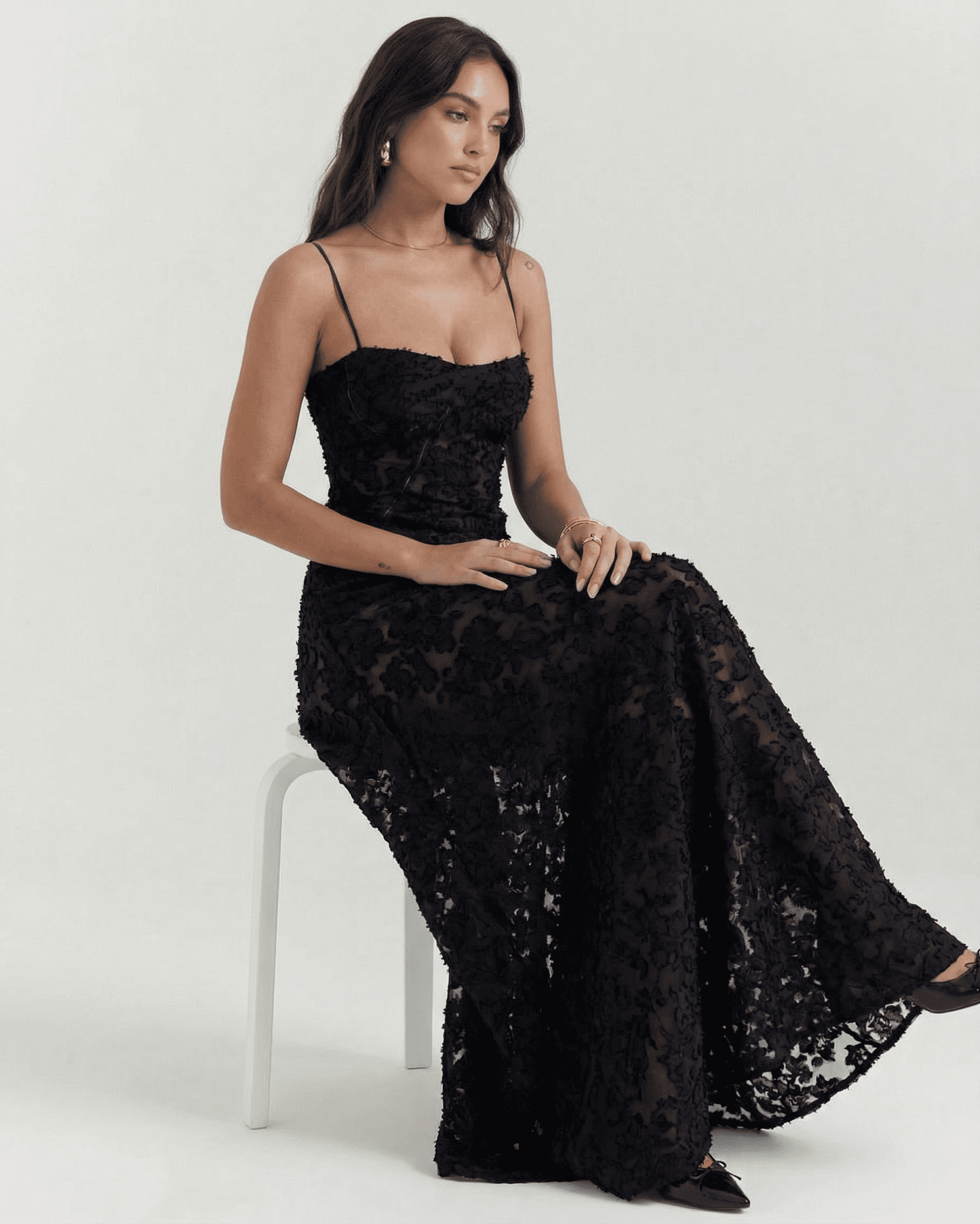 Nerina Maxi Dress by Lauven in black floral lace with elegant back detail, perfect for special occasions.
