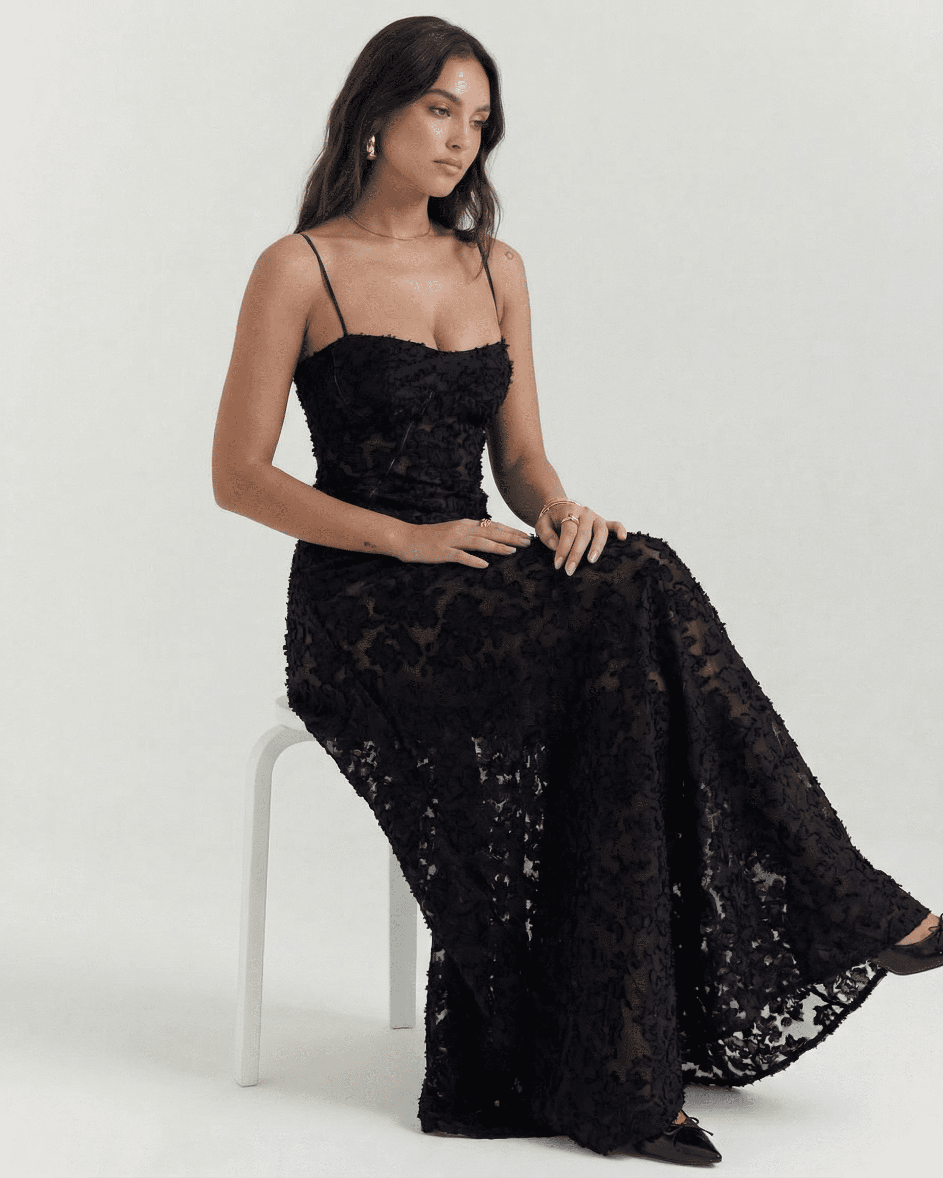 Nerina Maxi Dress by Lauven in black floral lace with elegant back detail, perfect for special occasions.