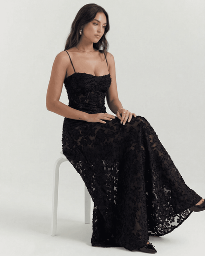Nerina Maxi Dress by Lauven in black floral lace with elegant back detail, perfect for special occasions.