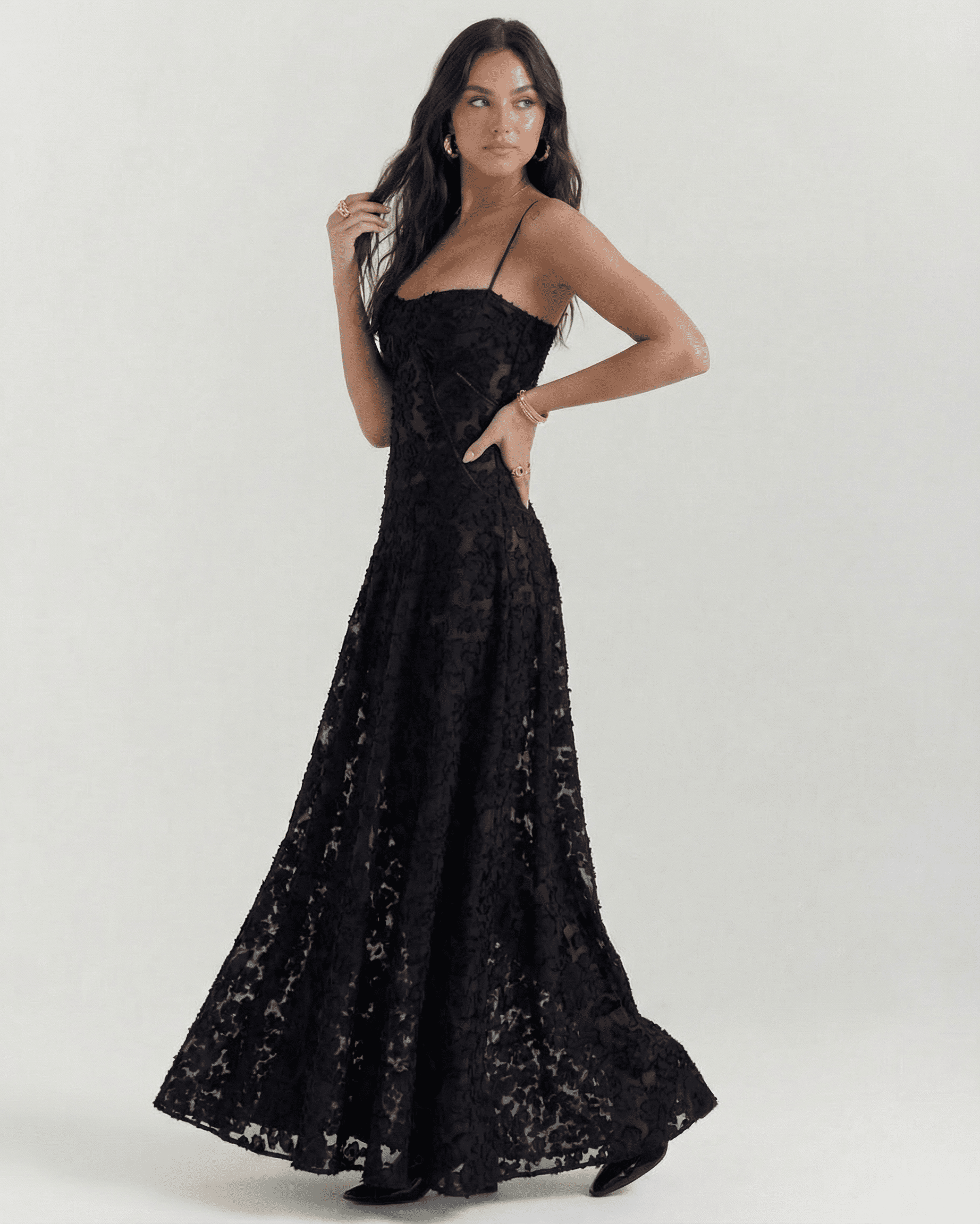 Nerina Maxi Dress by Lauven featuring black floral lace and elegant back detail, perfect for special occasions.