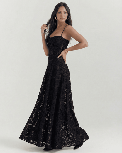 Nerina Maxi Dress by Lauven featuring black floral lace and elegant back detail, perfect for special occasions.