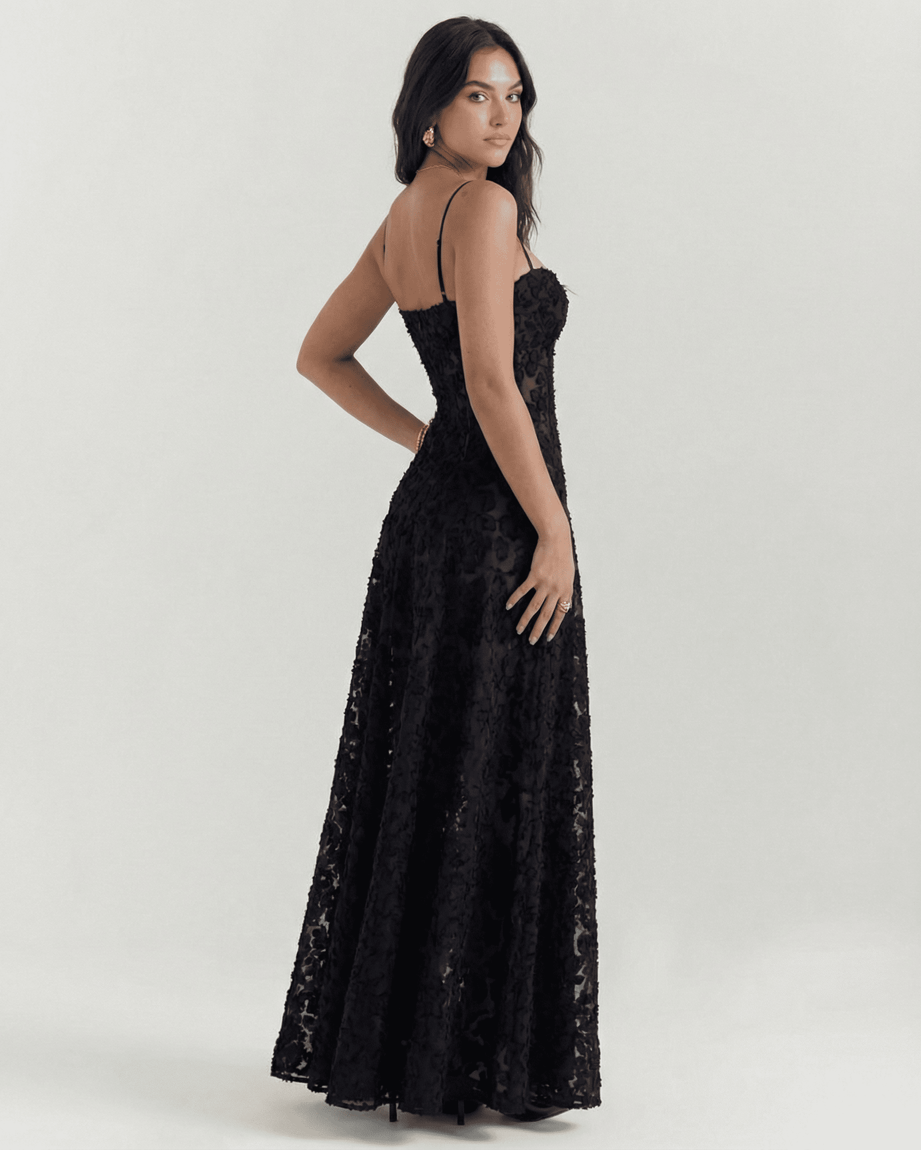 Nerina Maxi Dress by Lauven in black floral lace with elegant back detail, showcasing a fitted bodice and flowing skirt.