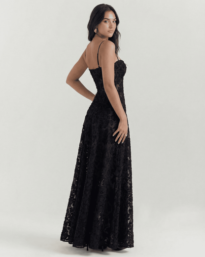 Nerina Maxi Dress by Lauven in black floral lace with elegant back detail, showcasing a fitted bodice and flowing skirt.