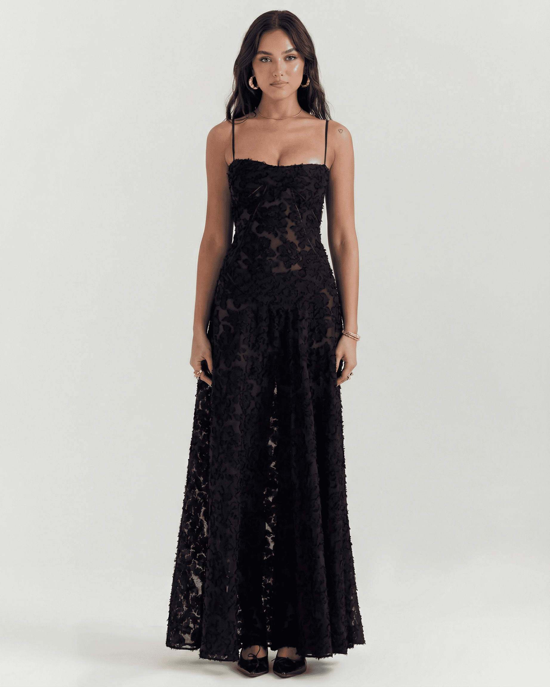 Nerina Maxi Dress by Lauven, showcasing black floral lace design with elegant back detail.