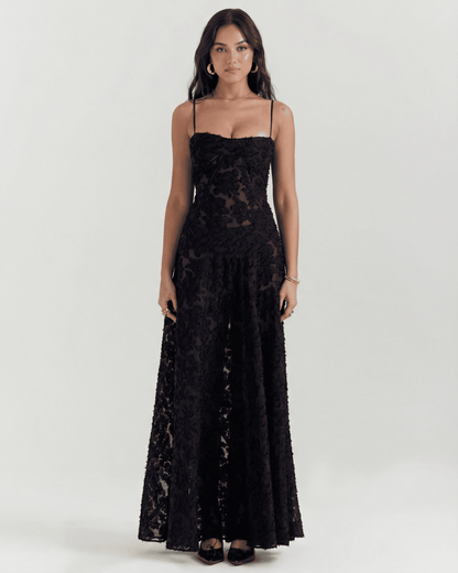 Nerina Maxi Dress by Lauven, showcasing black floral lace design with elegant back detail.