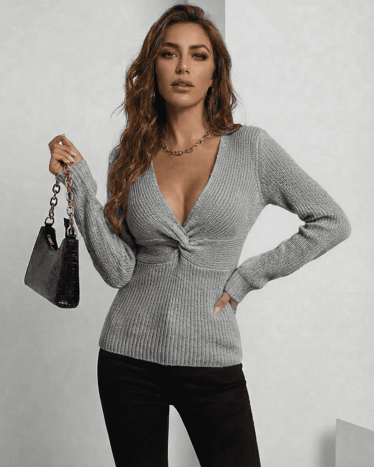 Nerina Pullover by Lauven - Grey ribbed slim fit V-neck sweater on a model, showcasing elegance and style.