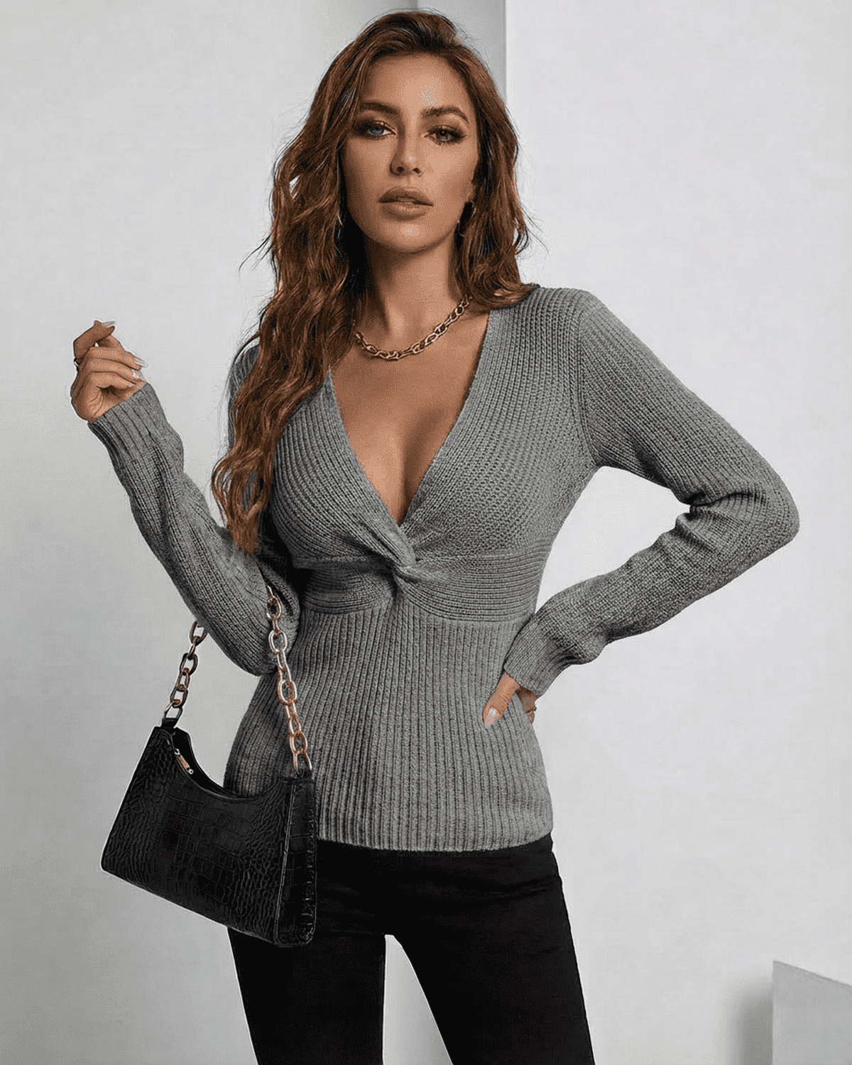 Nerina Pullover by Lauven - Elegant grey ribbed slim fit V-neck sweater for chic layering.
