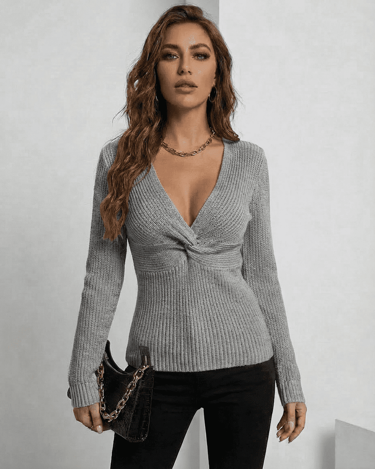 Nerina Pullover by Lauven - Elegant grey ribbed slim fit V-neck sweater for stylish layering.