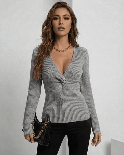 Nerina Pullover by Lauven - Elegant grey ribbed slim fit V-neck sweater for stylish layering.