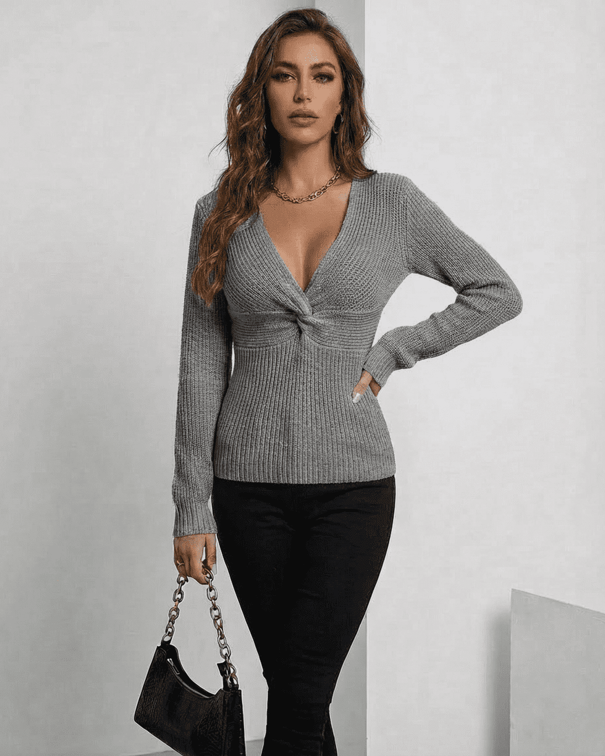 Nerina Pullover by Lauven in elegant grey, featuring a ribbed slim fit and deep V-neckline.