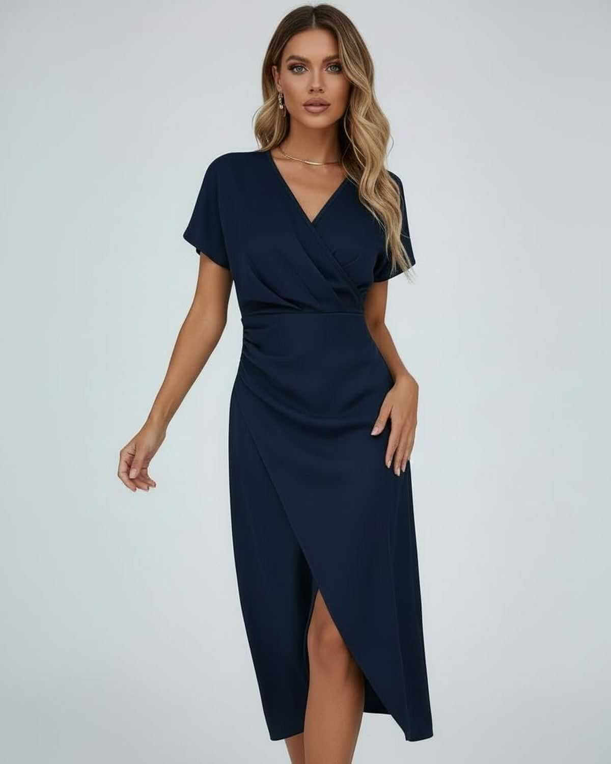 Neris Midi Dress by Lauven - Classic navy blue wrap dress featuring a V-neckline and flowing midi-length skirt.
