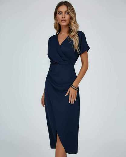 Neris Midi Dress by Lauven - Classic navy blue wrap dress with a flattering V-neckline and elegant slit.