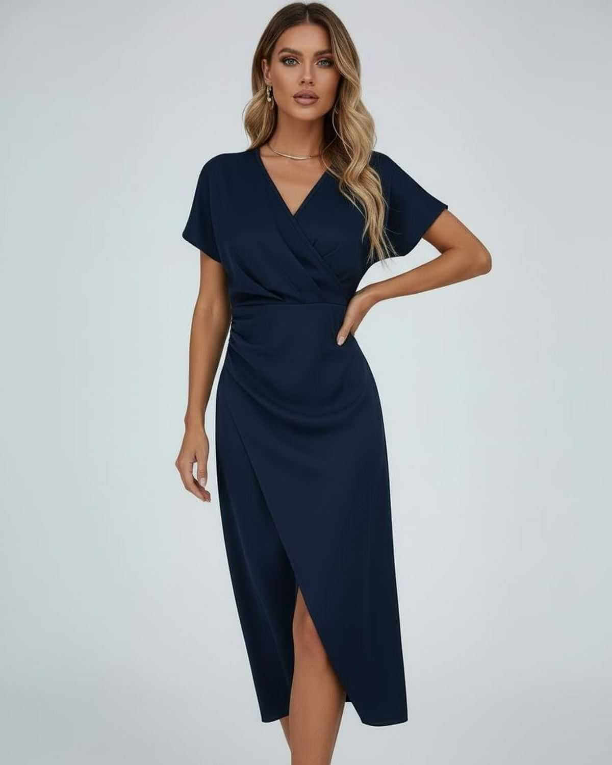 Neris Midi Dress by Lauven, elegant navy blue wrap dress with V-neckline and flowing skirt.