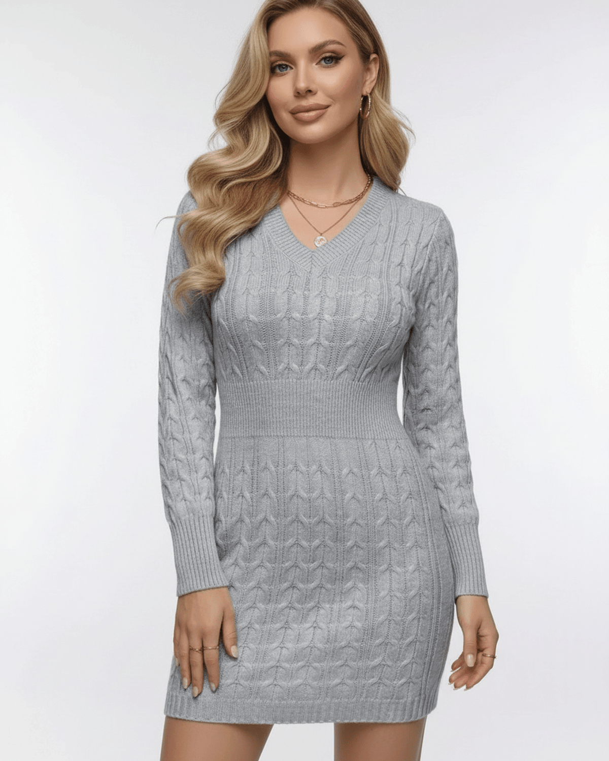 Nimbus Mini Dress by Lauven - Soft cable knit V-neck dress in light gray with an elastic waist and long sleeves.
