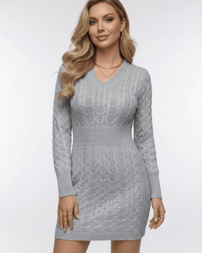 Nimbus Mini Dress by Lauven - Soft cable knit V-neck dress in light gray with an elastic waist and long sleeves.