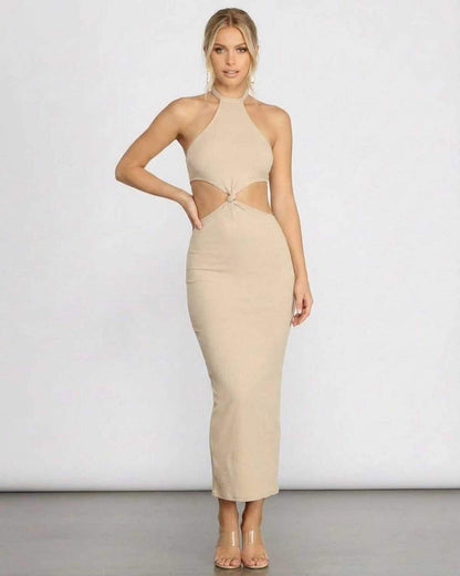 Nina Midi Dress by Lauven - Chic ribbed halter with cutout details, perfect for summer elegance and flattering silhouette.