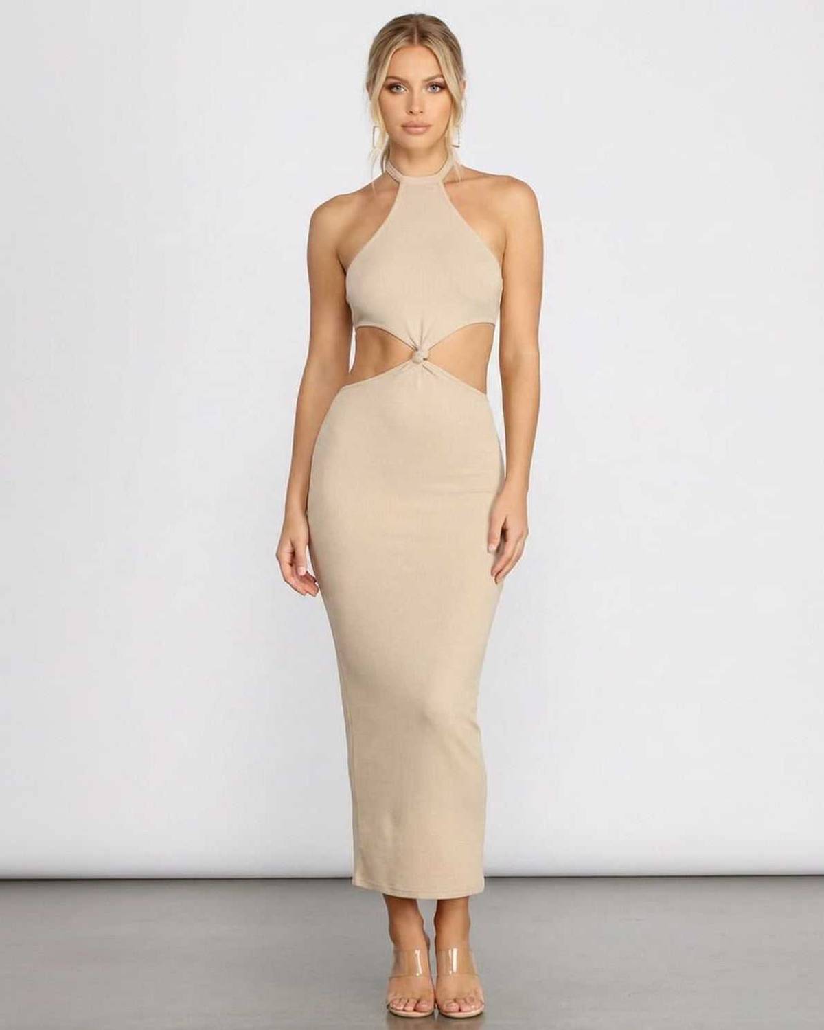 Nina Midi Dress by Lauven - Chic ribbed halter dress with cutout details and center knot, perfect for summer occasions.