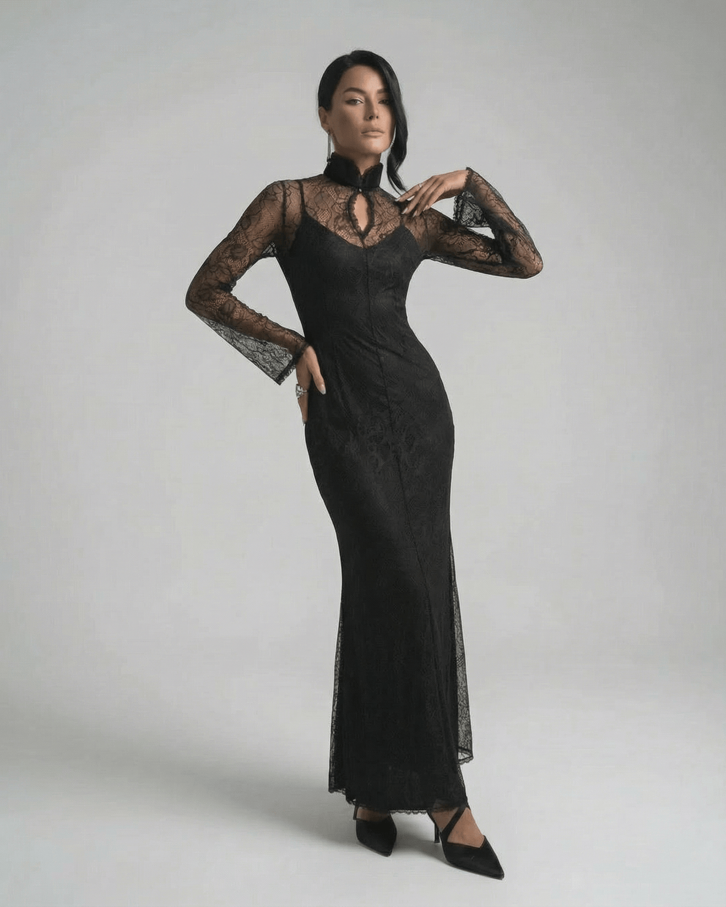 Noctavia Maxi Dress by Lauven - Black Lace Long Sleeve Bodycon Maxi Dress with Stand Collar