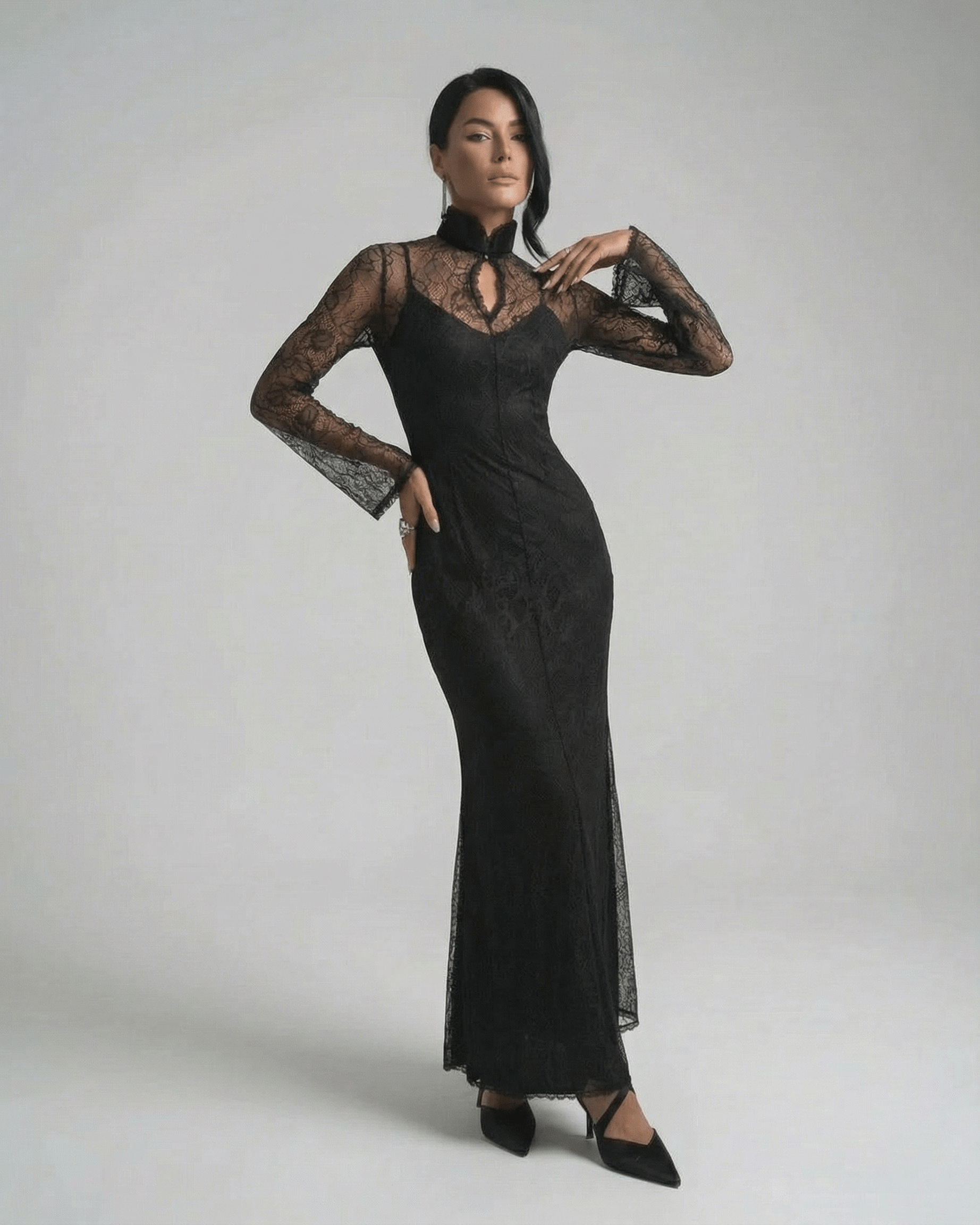 Noctavia Maxi Dress by Lauven - Black Lace Long Sleeve Bodycon Maxi Dress with Stand Collar