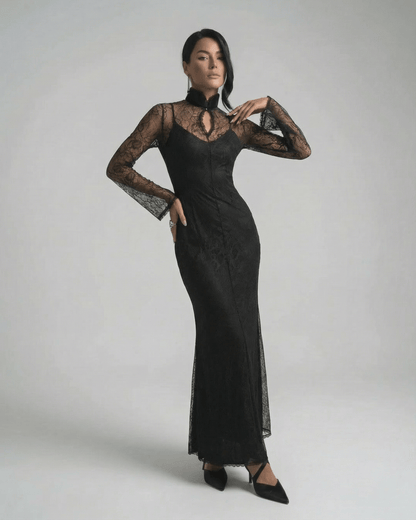 Noctavia Maxi Dress by Lauven - Black Lace Long Sleeve Bodycon Maxi Dress with Stand Collar