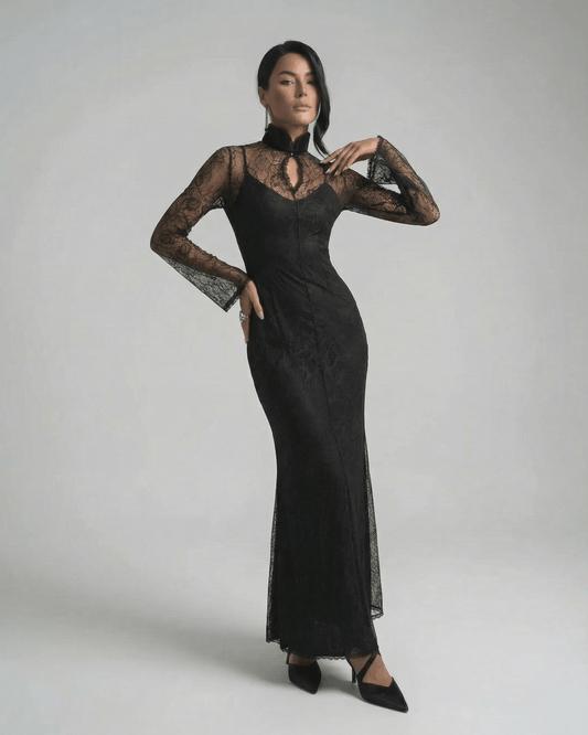 Noctavia Maxi Dress by Lauven - Black Lace Long Sleeve Bodycon Maxi Dress with Stand Collar