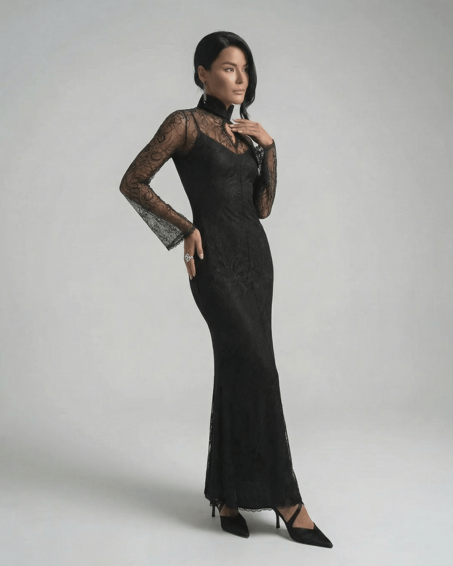 Noctavia Maxi Dress by Lauven, featuring black lace long sleeves and a stand collar in a bodycon fit.