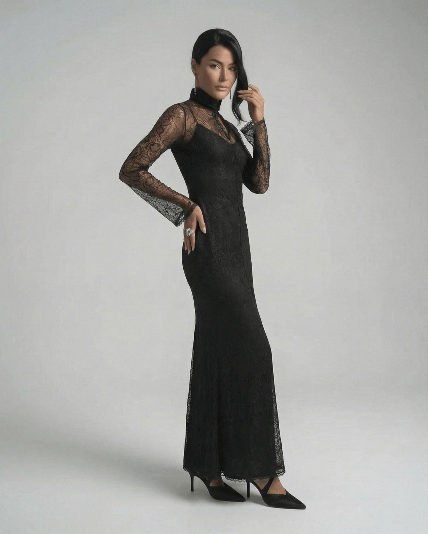 Noctavia Maxi Dress by Lauven - Black lace long sleeve bodycon dress with stand collar and sleek silhouette.