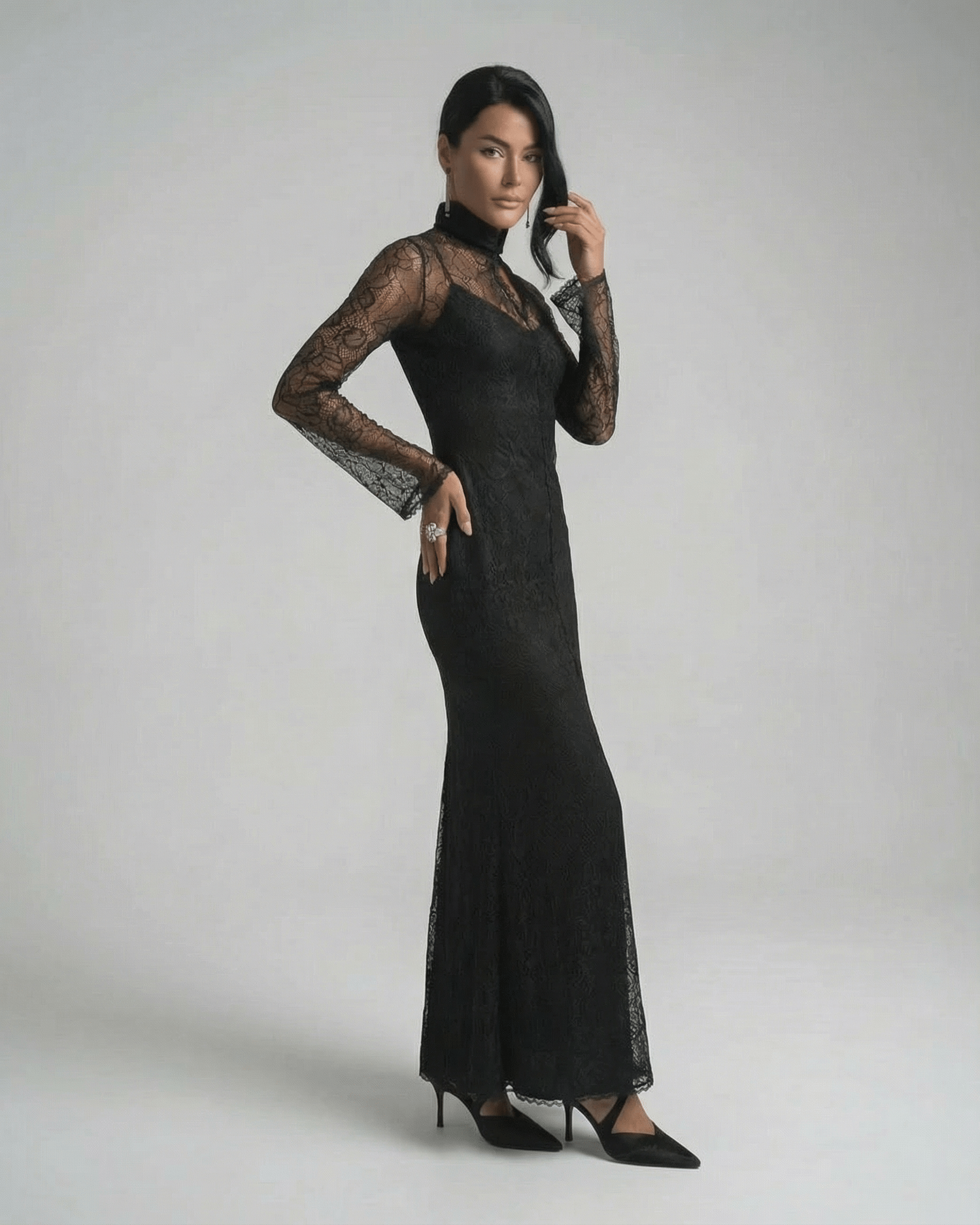 Noctavia Maxi Dress by Lauven - Black lace long sleeve bodycon dress with stand collar and sleek silhouette.